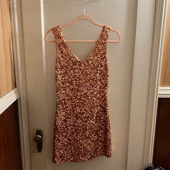 Dresses | Womens Rose Gold Sequin Mini Dress Size Medium Interi | Poshmark